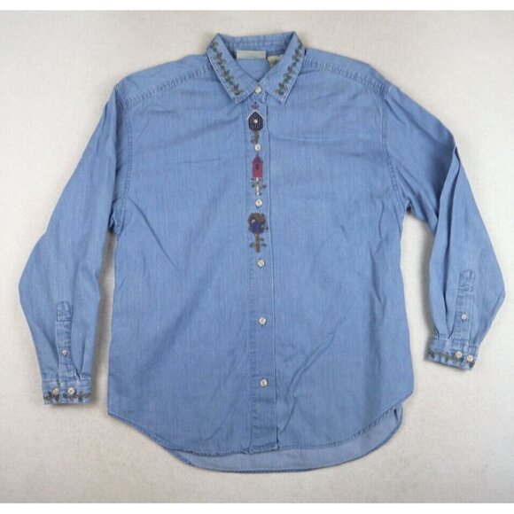 NORTHERN REFLECTIONS - DENIM BIRDHOUS EMBROIDERED LONG SLEEVE BUTTON-UP TOP - XS - Picture 1 of 6